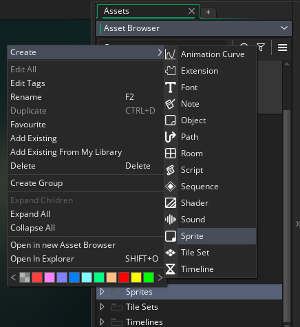 Game Maker Studio 2.3 - ��������� ������� ������ ������ - ��� ����� ������� ����� Sprites ������� ��� ������ ������� ���� � ���� Assets - � ����� ����� Create > Sprite