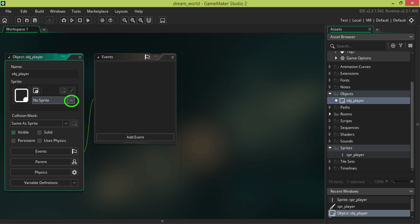 Game Maker Studio 2.3 - �������� spr_player � ������� obj_player