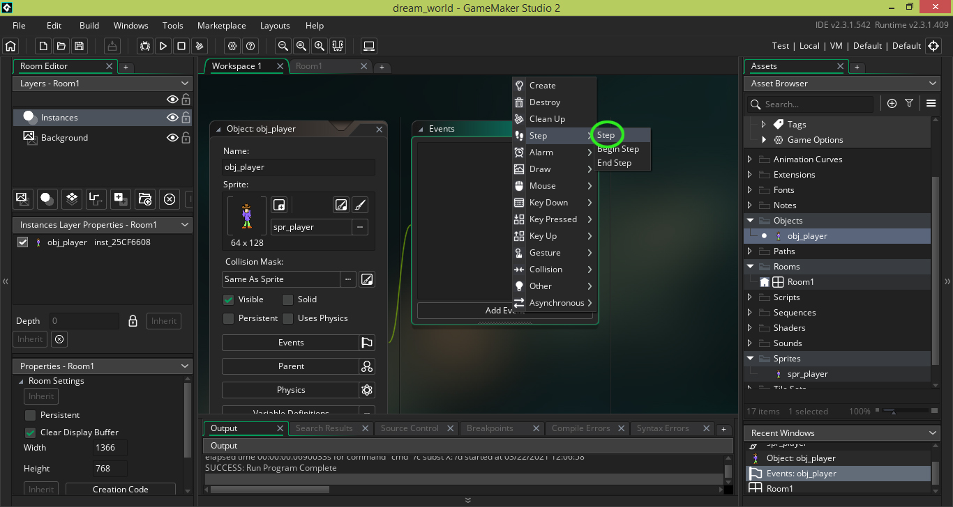 Game Maker Studio 2.3 - � ���� Events, ������� ��������� � ���� obj_player ������ Add Event � �������� ���������� ������� Step