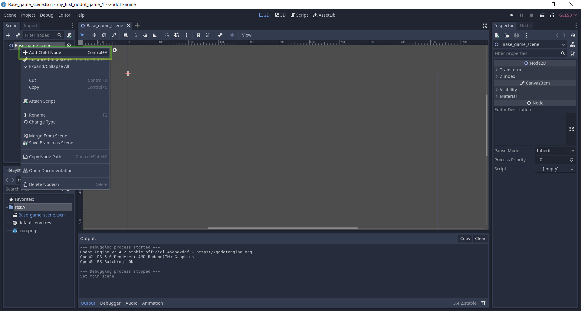 ������� �� ���� Base_game_scene ������ ������� ���� � �������� ����� Add Child Node