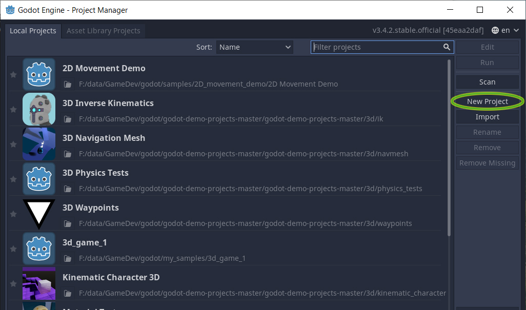 godot engine 3.4.2.stable.official ���� ��������� �������� - �������� ����� New Project, ����� ������� ����� ������ ������