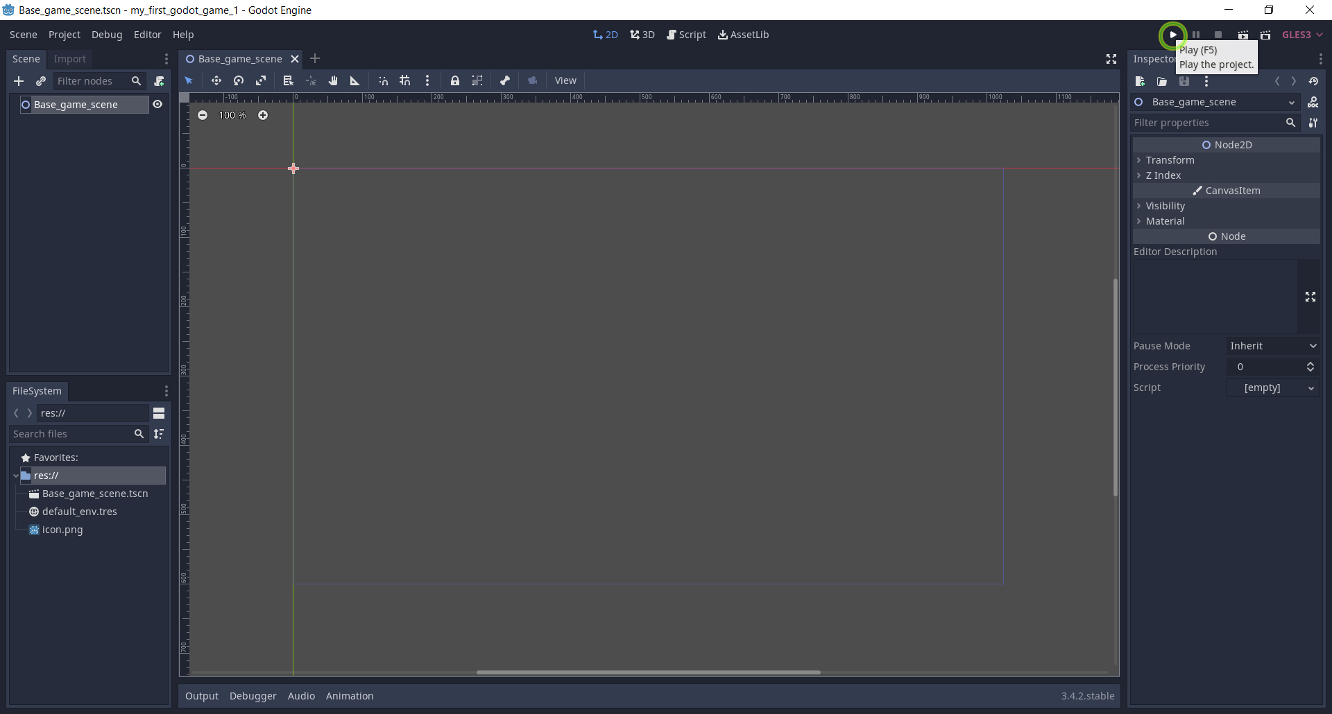 ����� ����������� ��������� ������ - ������ ������ Play (��� ������� [F5]) ������ ������ ���� ��������� godot