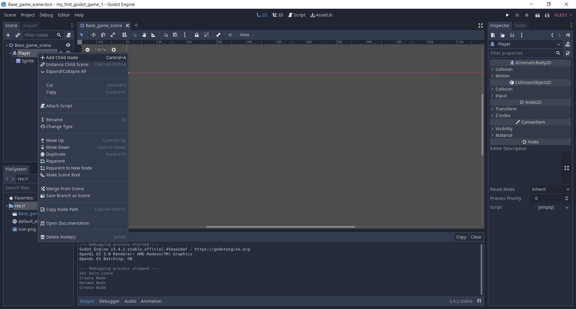 ��������� ��� ������� Player �������� ������ CollisionShape2D