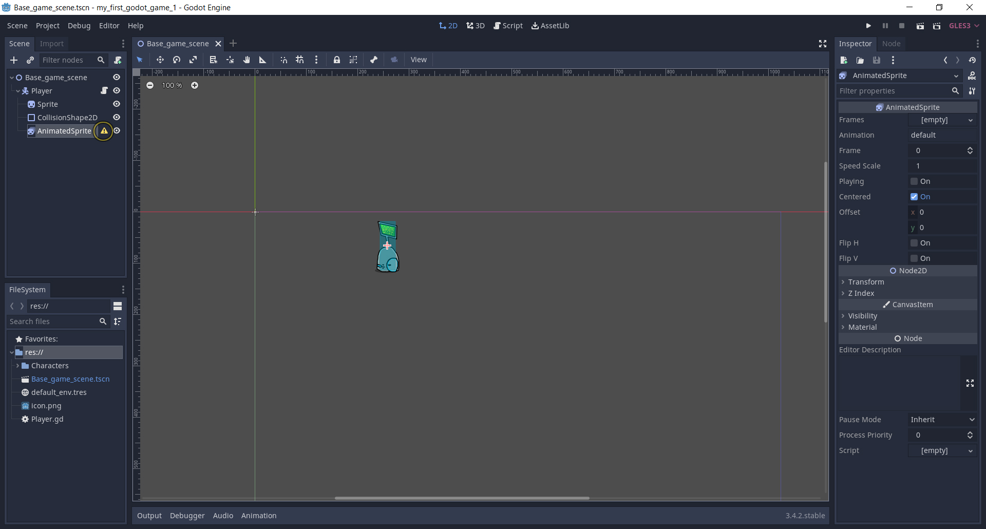 ���� AnimatedSprite ���������� �������� ��� Player (�������������� ����� KinematicBody2D), ��������, �� �� ����� ������ ������ � ���������������. ������� ������� �.
