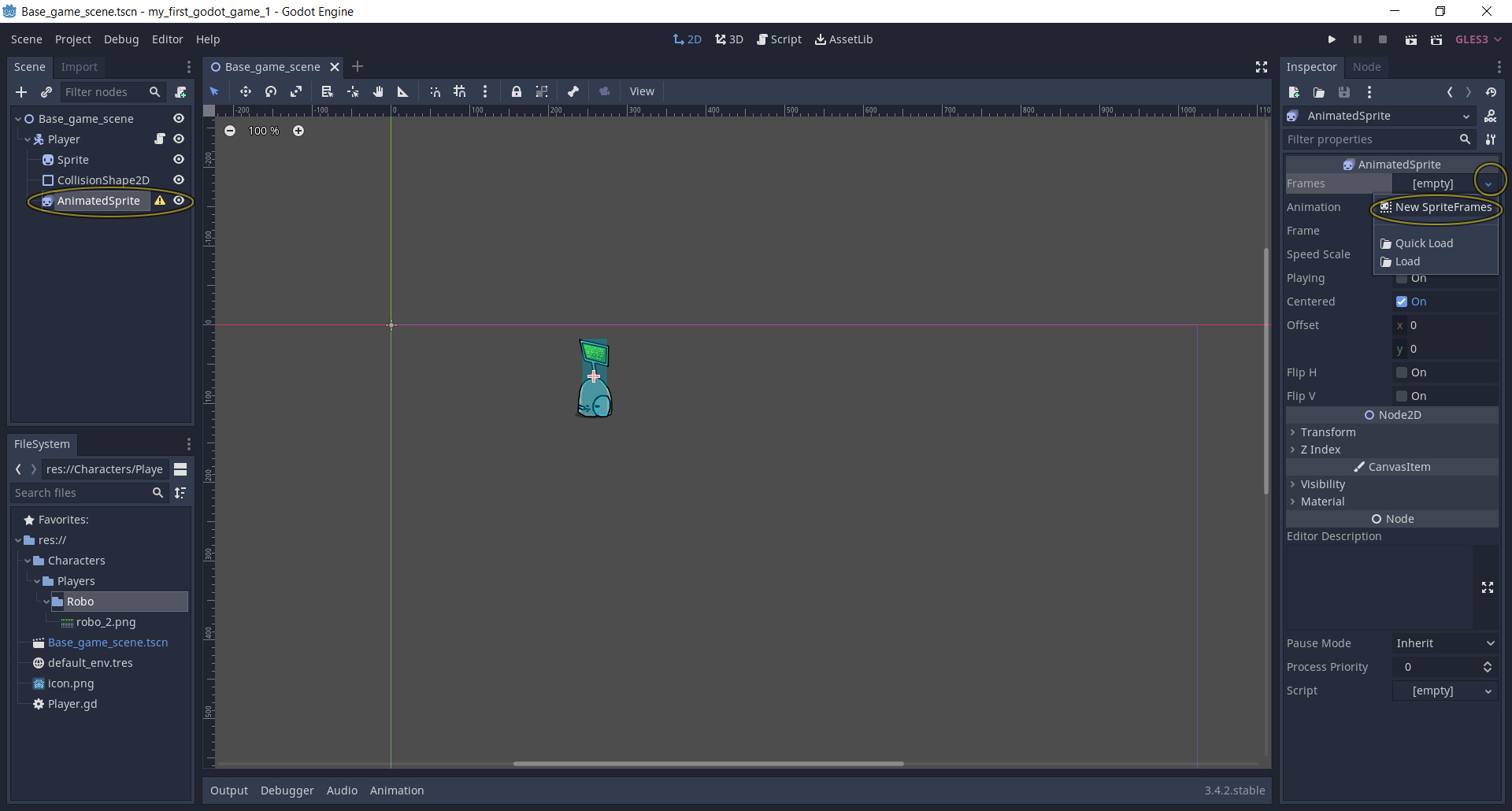 ��� ��������� � ���� Scene ���� AnimatedSprite � ���� ��� ������� ������ ������� ����� Frames � �������� ����� New SpriteFrames