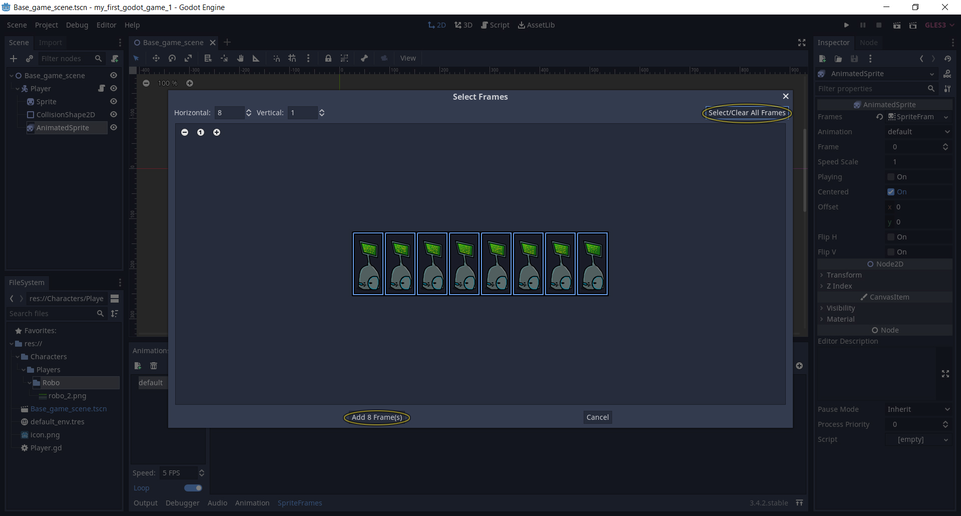 �������� ������ Select / Clear All Frames, � ����� ������ ���� - Add 8 Frame(s)