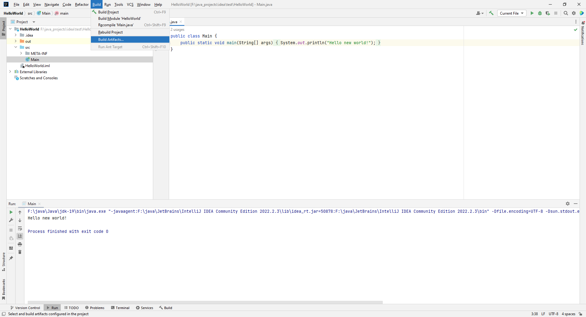 Hello World � IntelliJ 2022.2.3 Community - �������� jar ����� ��� ������� �� ������������ �������