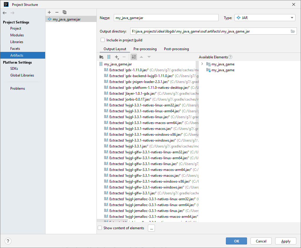 My Java Game � IntelliJ 2022.2.3 Community - �������� jar ����� ��� ������� �� ������������ �������